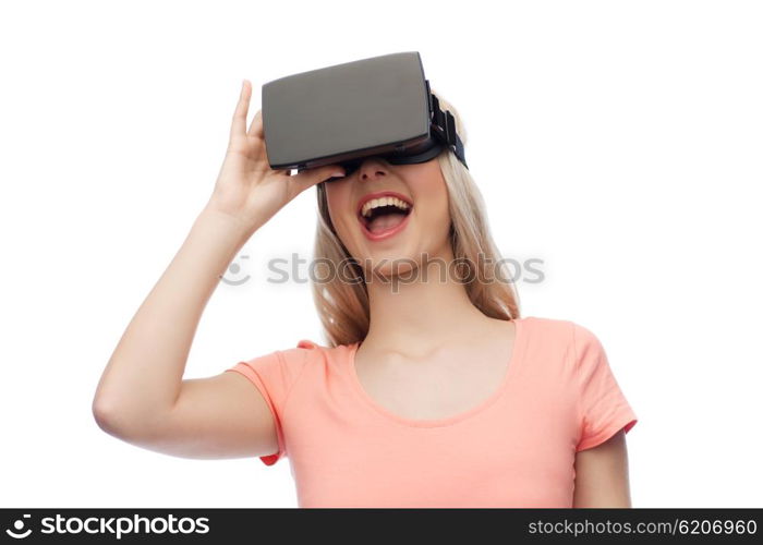 technology, virtual reality, entertainment and people concept - happy young woman with virtual reality headset or 3d glasses