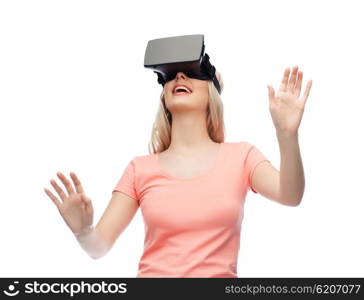 technology, virtual reality, entertainment and people concept - happy young woman with virtual reality headset or 3d glasses