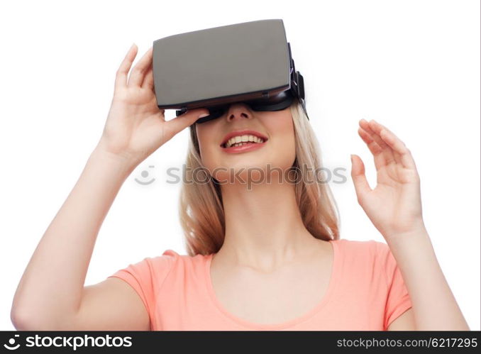 technology, virtual reality, entertainment and people concept - happy young woman with virtual reality headset or 3d glasses