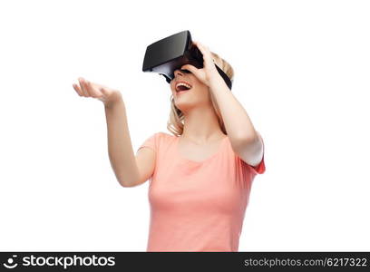 technology, virtual reality, entertainment and people concept - happy young woman with virtual reality headset or 3d glasses