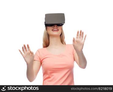 technology, virtual reality, entertainment and people concept - happy young woman with virtual reality headset or 3d glasses