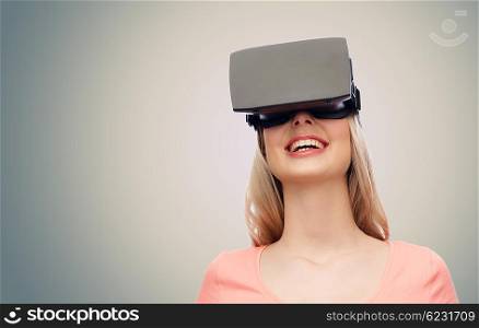 technology, virtual reality, entertainment and people concept - happy young woman with virtual reality headset or 3d glasses over gray background