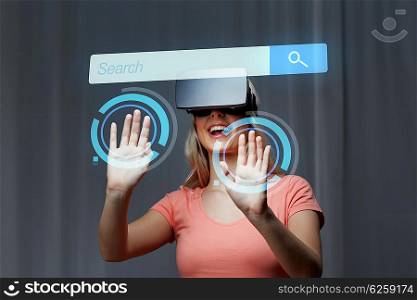technology, virtual reality, entertainment and people concept - happy young woman with virtual reality headset or 3d glasses playing game at home looking at internet browser search bar projection