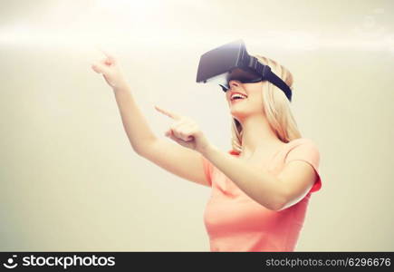 technology, virtual reality, entertainment and people concept - happy young woman with virtual reality headset or 3d glasses over gray background and laser light. woman in virtual reality headset or 3d glasses. woman in virtual reality headset or 3d glasses