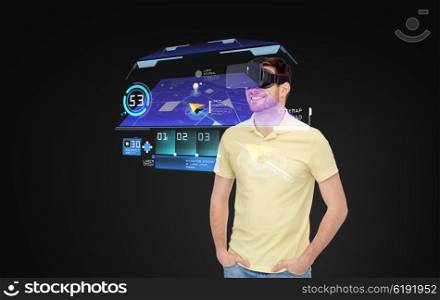 technology, virtual reality, navigation, entertainment and people concept - happy young man in virtual reality headset or 3d glasses with gps navigator map over black background
