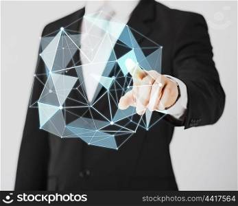 technology, virtual reality, science, business and people concept - close up of man pointing at virtual low poly projection
