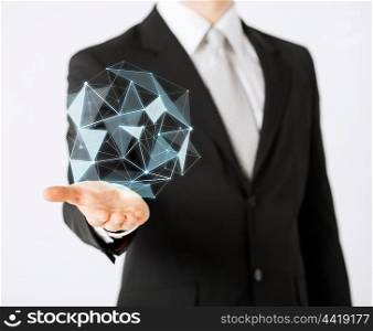 technology, virtual reality, science, business and people concept - close up of man holding virtual low poly projection on hand