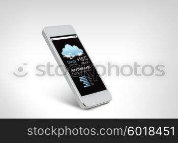 technology, weather forecast, application and electronics concept - white smarthphone with meteo cast on screen