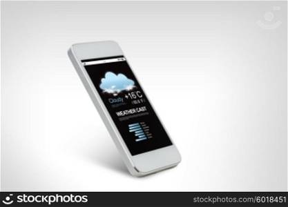technology, weather forecast, application and electronics concept - white smarthphone with meteo cast on screen