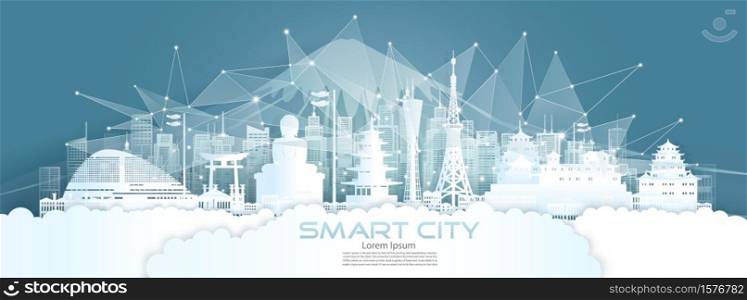 Technology wireless network communication smart city with architecture in Japan downtown skyscraper on blue background, Vector illustration futuristic green city and panorama view.