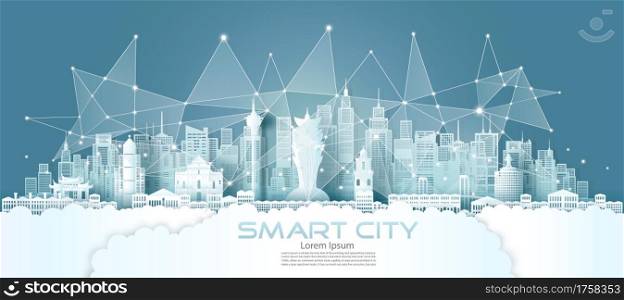 Technology wireless network communication smart city with architecture in Macau downtown skyscraper on blue background, Vector illustration futuristic green city and panorama view.