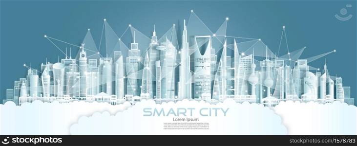 Technology wireless network communication smart city with architecture in middle east of Asia downtown skyscraper on blue background, Vector illustration futuristic green city and panorama view.
