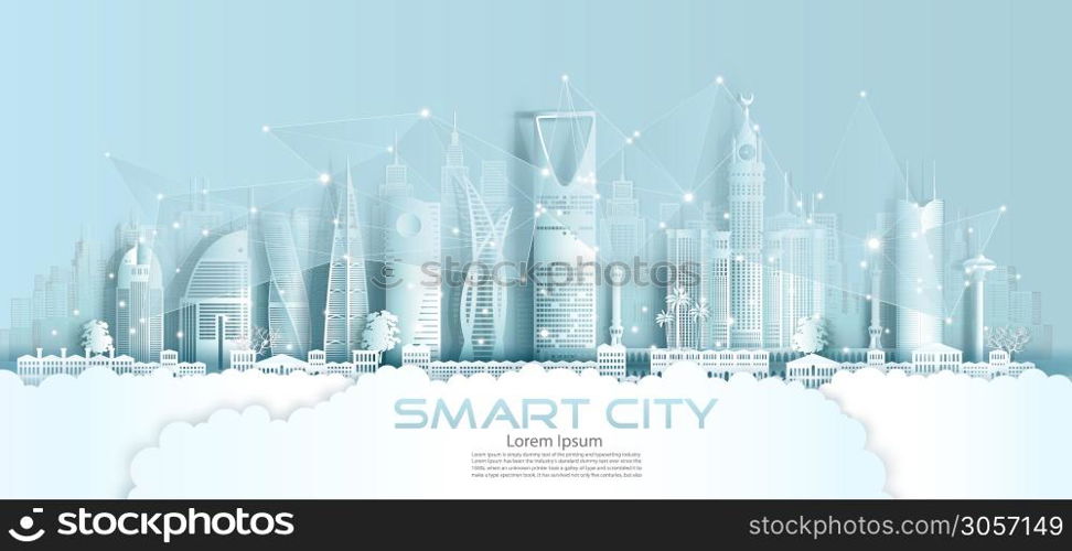 Technology wireless network communication smart city with architecture in Saudi Arabia downtown skyscraper on blue background, Vector illustration futuristic green city and panorama view.