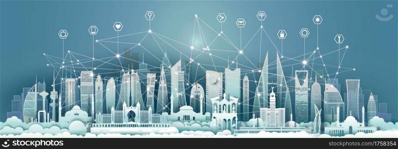 Technology wireless network communication smart city with icon and architecture in Middle east downtown skyscraper on blue background, Vector illustration futuristic green city and panorama view.