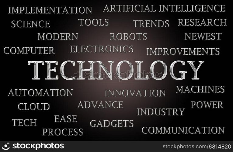 Technology word cloud written in luxurious chrome lettets