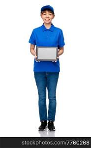 technology, work and job concept - happy smiling delivery woman in blue uniform with tablet pc computer over white background. delivery woman in blue uniform with tablet pc
