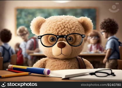 Teddy bear as a student at school. Back to school. Neural network AI generated art. Teddy bear as a student at school. Back to school. Neural network AI generated