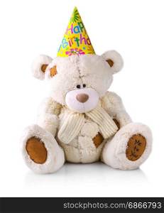 "Teddy bear in a hat with the inscription "Happy birthday""
