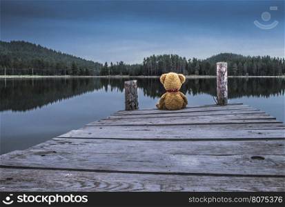 Teddy bear sitting on a pier on the shore of a mountain lake
