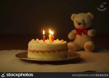 Teddy bear wearing birthday hat and a birthday cake. Neural network AI generated art. Teddy bear wearing birthday hat and a birthday cake. Neural network AI generated