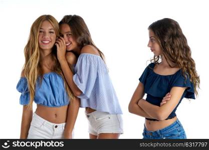 Teen best friends bullying a girl sad apart out of the game on white background