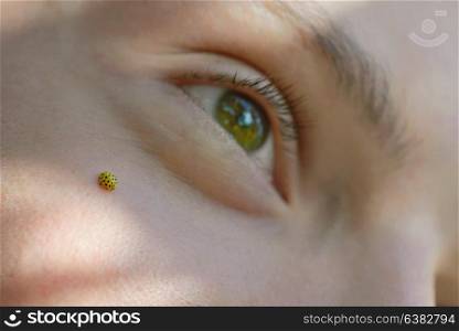 Teen boy lies on meadow with ladybug on his face