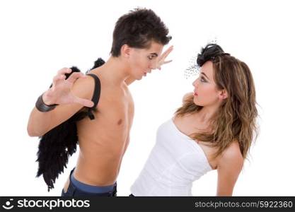 teen couple playing as actors on white background