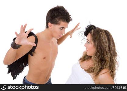 teen couple playing as actors on white background