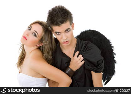 teen couple playing as actors on white background