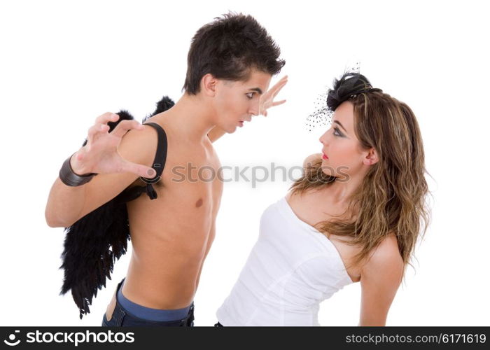 teen couple playing as actors on white background