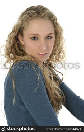 Teen girl against white background.