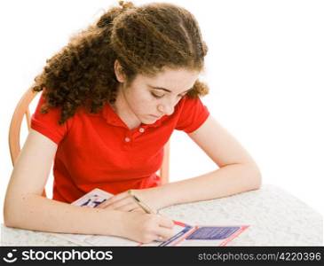 Teen girl filling out a mail-in voters registration form in time to vote in the presidential election. Isolated on white.
