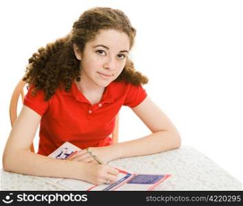 Teen girl filling out mail-in voter registration form. Shallow depth of field with focus on the girl&rsquo;s face. Isolated on white.