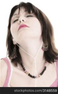 Teen girl listening to music. Dark pink lips.