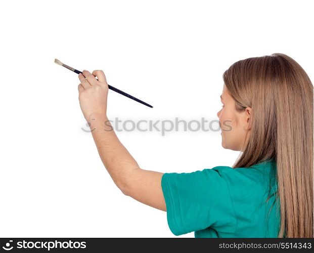 Teen girl painting something with a brush isolated with white background&#xA;
