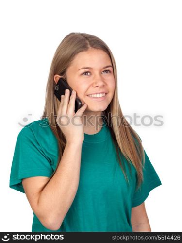 Teen girl speaking by mobile isolated on white background