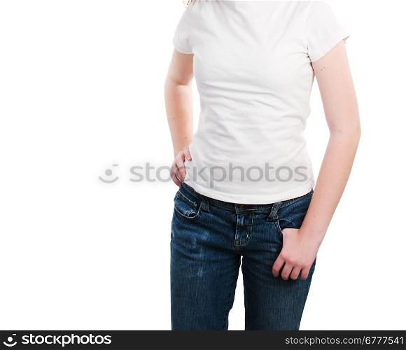Teen model wearing a blank white t-shirt, ready for text or logo. Isolated on white.