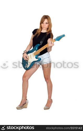 Teen rebellious girl playing electric guitar isolated on a over white background