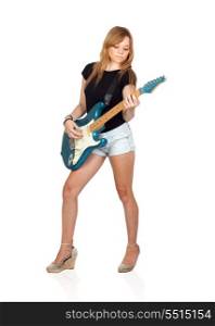 Teen rebellious girl playing electric guitar isolated on a over white background