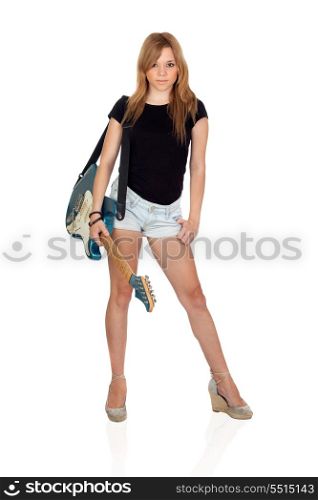 Teen rebellious girl with a electric guitar isolated on a over white background