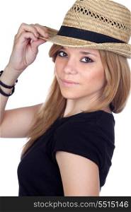 Teen rebellious girl with a straw cap isolated on a over white background