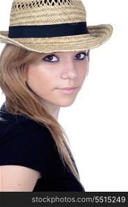 Teen rebellious girl with a straw cap isolated on a over white background