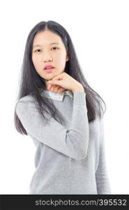 Teenage Asian high school girl with chin on hand