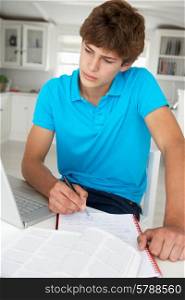 Teenage boy doing homework with laptop