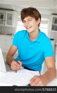Teenage boy doing homework with laptop