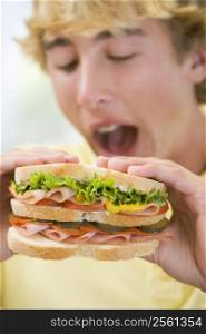 Teenage Boy Eating Sandwich