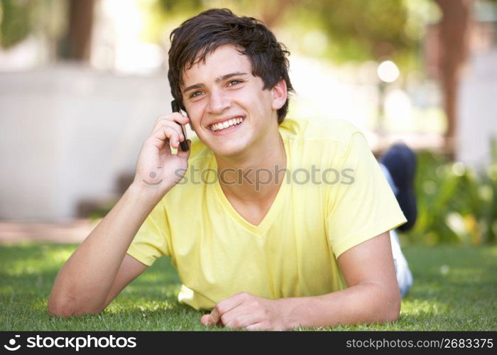 Teenage Boy Laying In Park Using Mobile Phone