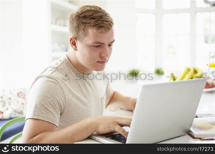 Teenage Boy Studying On Laptop At Home