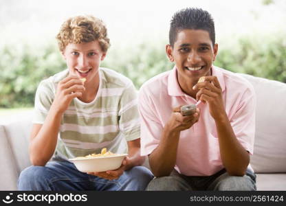 Teenage Boys Sitting On Couch Eating crisps Together