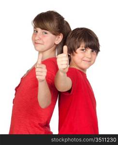 Teenage girl and boy dressed in red saying OK isolated on white background